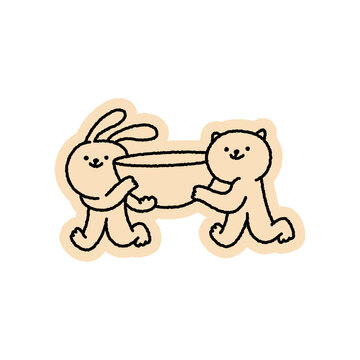 Vector Playful quirky doodle hand drawn illustration, animal mascot and character for coffee shop, cafe, food delivery, packaging, menus and stickers, line art cartoon rabbit and cat with plate or cup