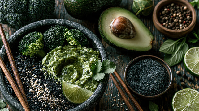 Healthy avocado broccoli rice bowl topped with black sesame seeds vegan meal green vegeta