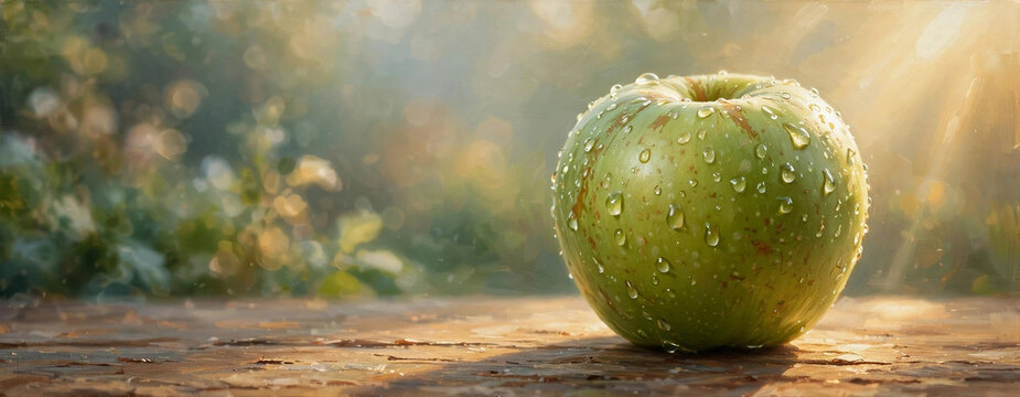 Dewy Green Apple on Rustic Wood: A vibrant green apple, glistening with fresh dew drops, rests on a weathered wooden surface, bathed in the soft, ethereal light of a sunrise in a natural.