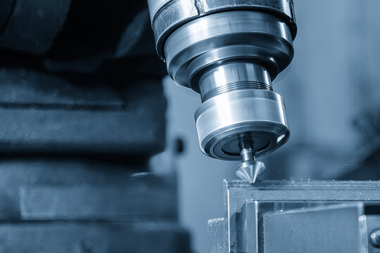 Metal plate deburring process using a chamfer tool on a milling machine in a light blue scene