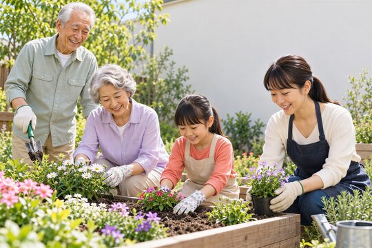 庭で花の苗を植える日本人の三世代家族