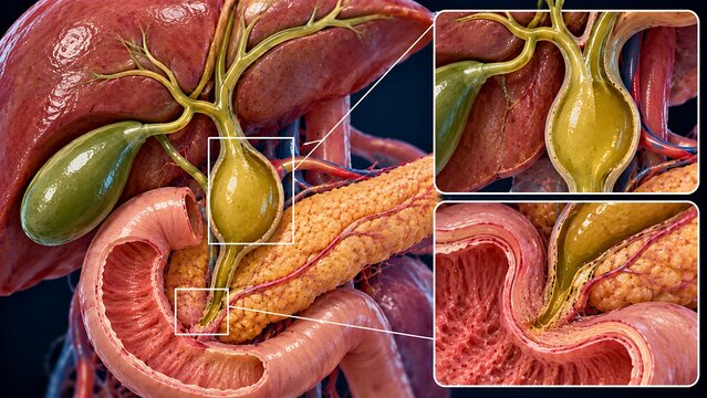 Human Biliary System Anatomy Showing Gallbladder, Bile Ducts and Pancreas