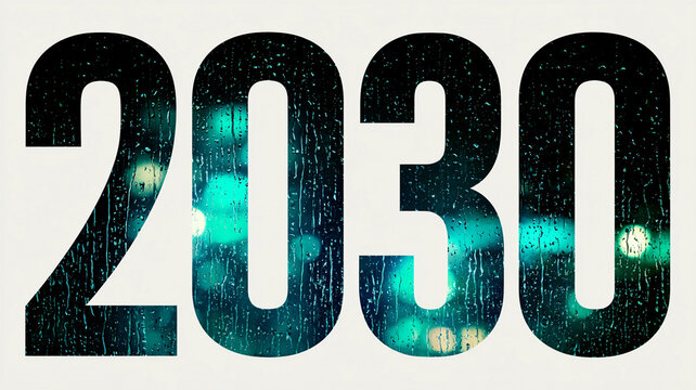 2030 New Year typography design with bold black numbers filled with glowing turquoise city lights and raindrops on glass, modern futuristic celebration concept on white background