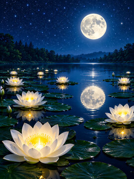 Glowing white lotus flowers floating on calm water under full moon to celebrate sharad purnima and the beautiful traditional kojagori lakshmi puja