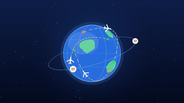 Global shipping animation, rotating earth globe with airplanes flying along routes and parcels orbiting, worldwide delivery, international logistics, export import, flat motion graphic seamless loop