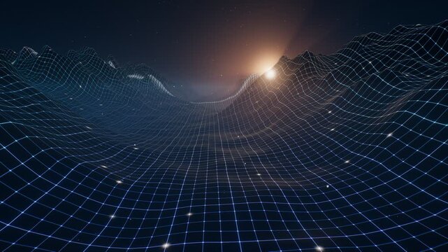 Cinematic 3D flight over glowing wireframe mountain terrain valley with sunset god rays and scanning light pulses loop
