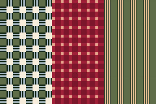 Vector Festive geometric Christmas patterns in rich red, pink, and forest green, combining classic plaid, bold stripes, for holiday wrapping paper, seasonal textiles, gift packaging, and Christmas sta