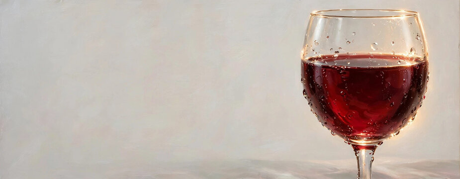 Glass of Red Wine: A close-up shot of a wine glass filled with rich red wine, its surface glistening with condensation droplets against a softly textured background.