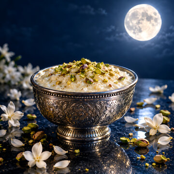 Delicious sweet rice pudding bowl garnished with pistachios during sharad purnima night moonlight representing traditional offerings for auspicious kojagori lakshmi puja rituals