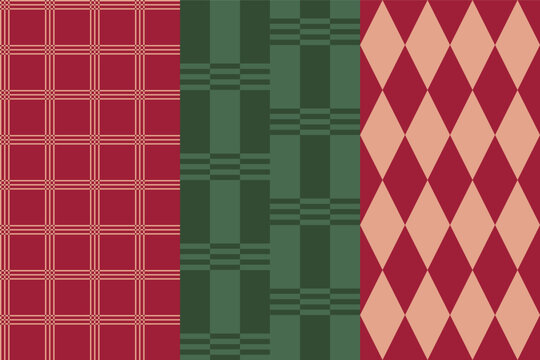 Seamless geometric Christmas patterns featuring festive red, pink, and green colors, plaid checks, diagonal stripes, for holiday wrapping paper, Christmas cards, seasonal textiles, gift packaging
