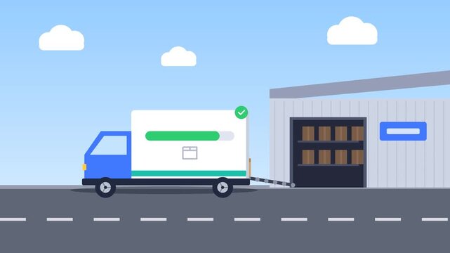 Warehouse loading animation, parcel boxes moving from warehouse door into delivery truck, cargo loading progress bar, truck departs, logistics, shipping and freight distribution, flat motion graphic