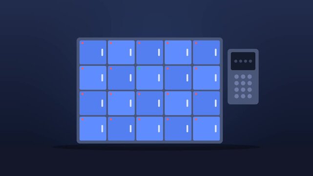 Smart parcel locker animation, keypad code entered, locker door opens and package pops out for pickup, contactless delivery, self service pickup point, ecommerce delivery, flat motion graphic
