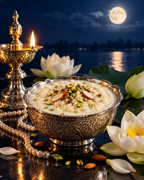 Silver bowl filled with tasty sweet dessert beside glowing oil lamps on sharad purnima celebrating holy kojagori lakshmi puja near lotus flowers