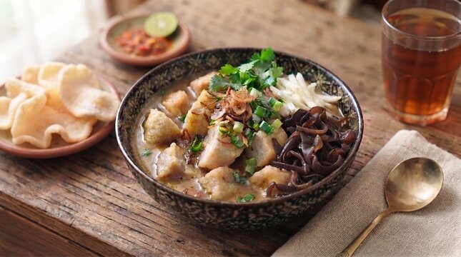 Traditional Indonesian tekwan model, Palembang fish cake soup with wood ear mushroom, jicama, fried shallot, crackers, and hot tea in a patterned bowl on wood.