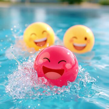 Three smiling spheres create joyful splashes while floating in clear blue water.