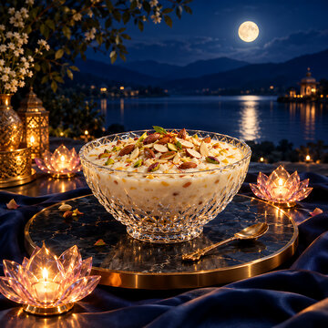 Crystal bowl containing rich festive dessert placed carefully on a table during sharad purnima night while observing beautiful kojagori lakshmi puja traditions
