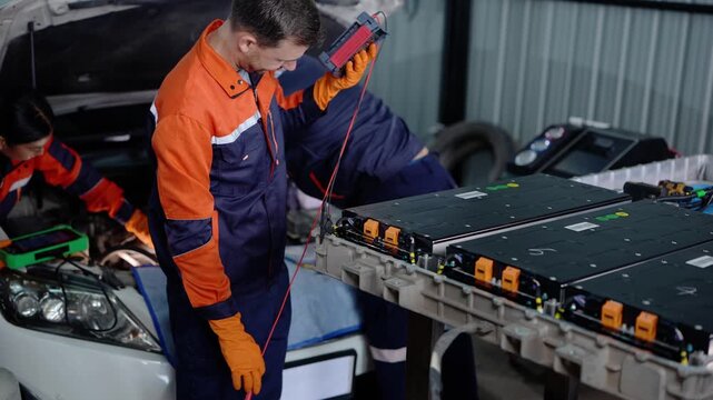 Cheerful Caucasian mechanic stands beside a white electric car and battery pack, probing modules with a multimeter as teammates work under the open hood behind him
