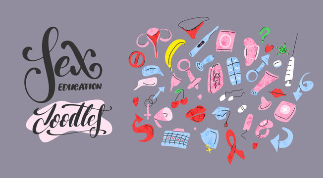 Vector set of Sex Education doodles isolated on gray background.