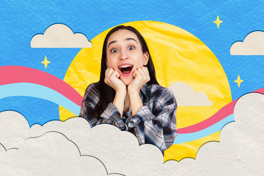 Amazed woman holding cheeks among clouds in paper collage and flat illustration, unexpected possibilities. Consumer campaigns, discovery platforms concept.
