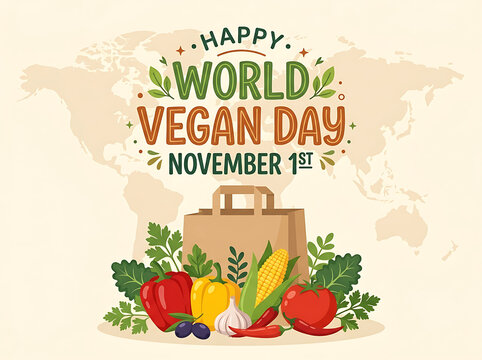 Happy World Vegan Day November 1st text with paper bag and fresh