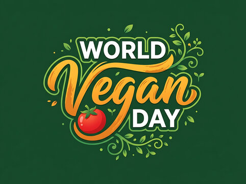 World Vegan Day typography with a red tomato and decorative green