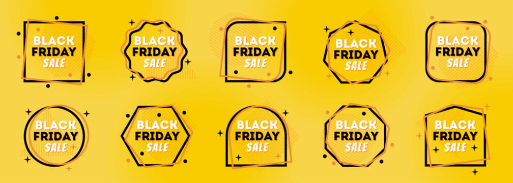 Bright yellow Black Friday sale badge collection with geometric frames, bold lettering and decorative black accents