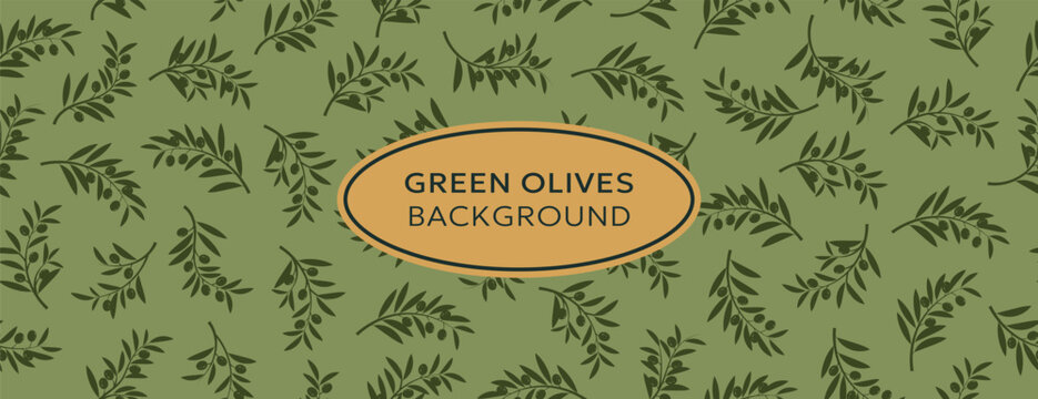 Seamless olive branch background with dark green botanical pattern and elegant central decorative label