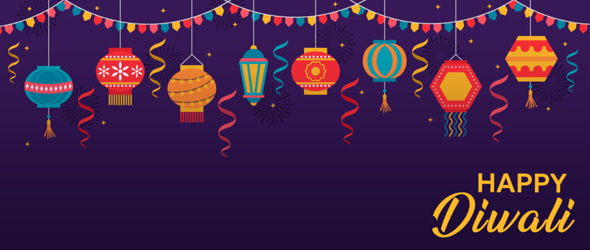 Happy Diwali festive background with colorful hanging lanterns, decorative garlands and ribbons on dark purple