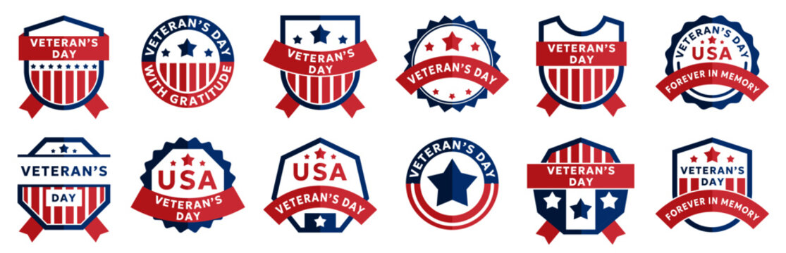 Patriotic Veterans Day badge collection with American shields, stars, ribbons and commemorative military emblems