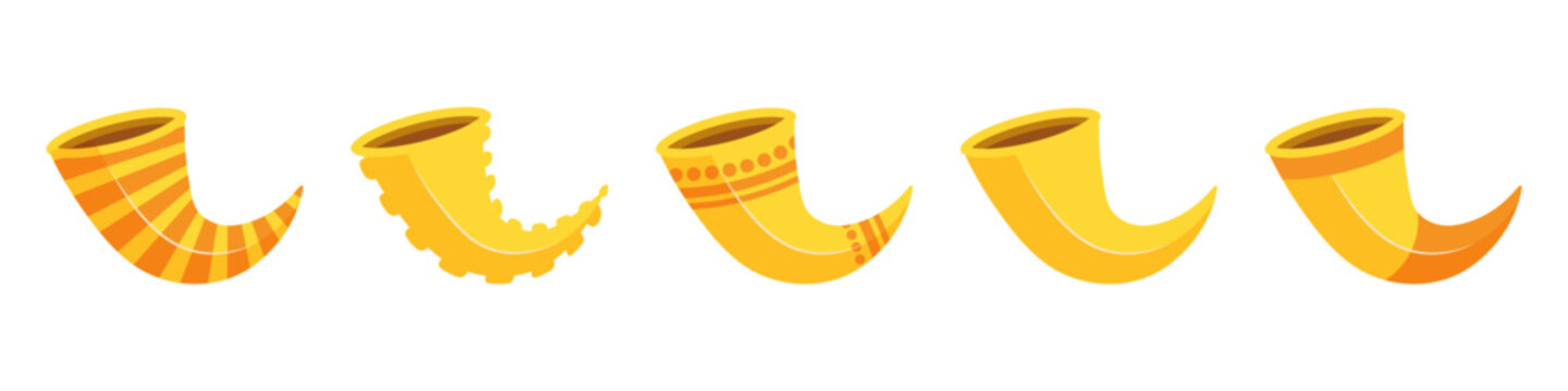 Traditional Jewish shofar horn collection with golden decorative patterns for religious holiday celebrations