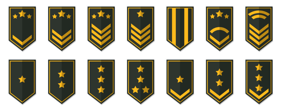 Military rank insignia collection with golden stars and chevrons on dark green uniform shoulder patches