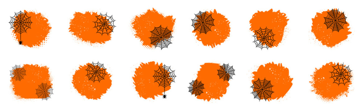 Halloween spider web collection with black cobweb decorations and rough orange grunge paint splash backgrounds
