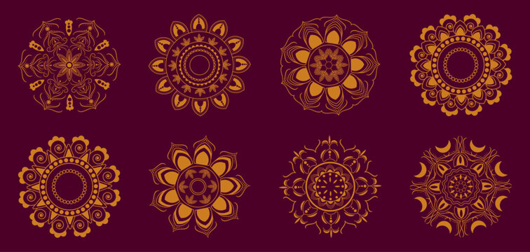 Golden floral mandala collection with intricate symmetrical patterns and traditional Indian decorative elements on burgundy background