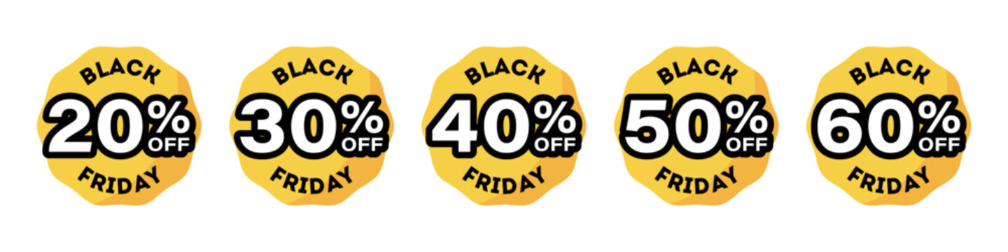 Black Friday discount badge collection featuring bold percentage offers and bright yellow promotional sticker designs