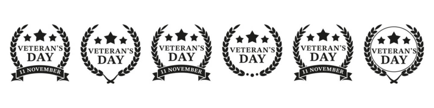 Black Veterans Day emblem collection with laurel wreaths, commemorative lettering, stars and decorative ribbons
