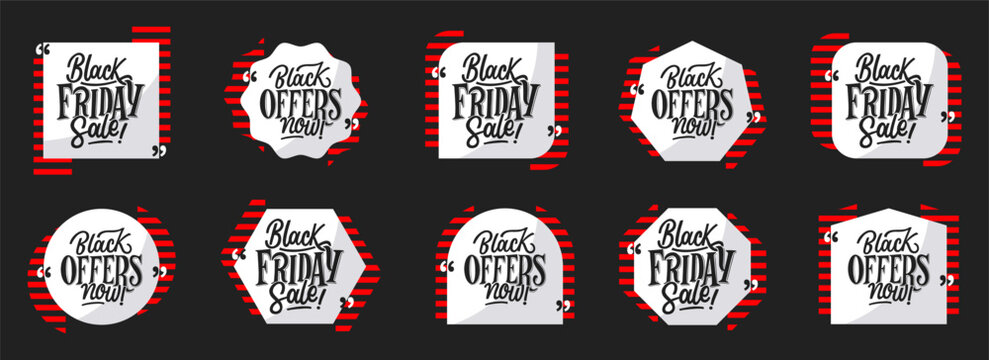 Black Friday sale sticker collection with vintage lettering, geometric shapes and red striped accents on dark background