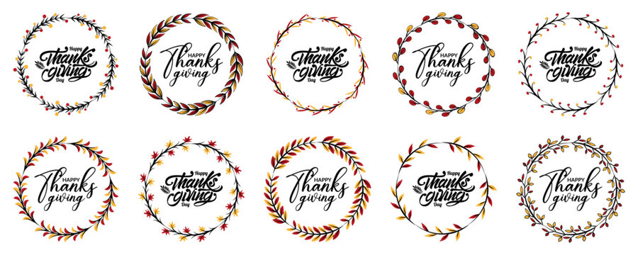 Thanksgiving wreath collection with elegant holiday lettering, colorful autumn leaves and decorative circular botanical frames