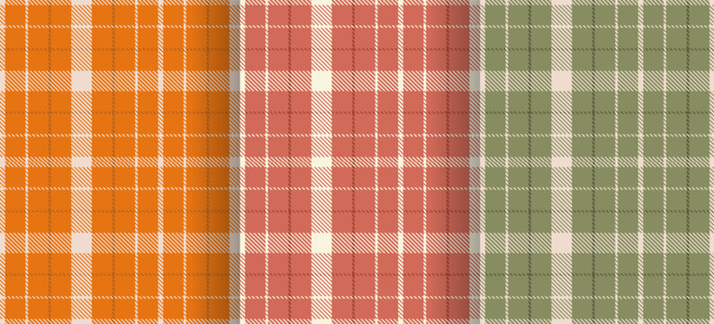 Autumn plaid pattern collection with orange, dusty pink and olive green checkered textile designs