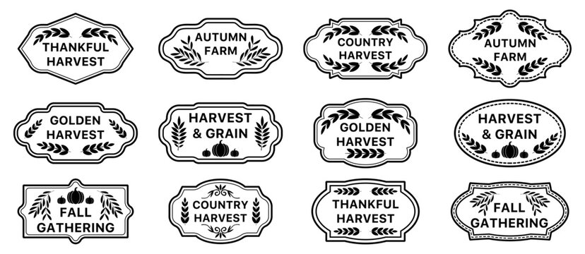 Vintage autumn harvest label collection with decorative botanical borders, farm lettering and elegant black ornamental frames