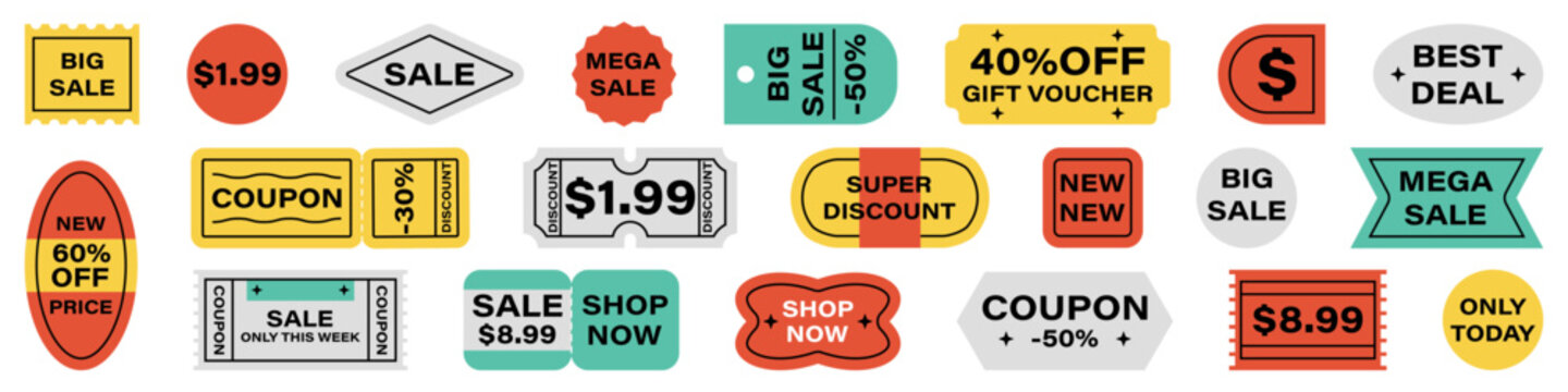 Colorful shopping coupon and sale label collection with discount prices, promotional tickets and geometric sticker shapes