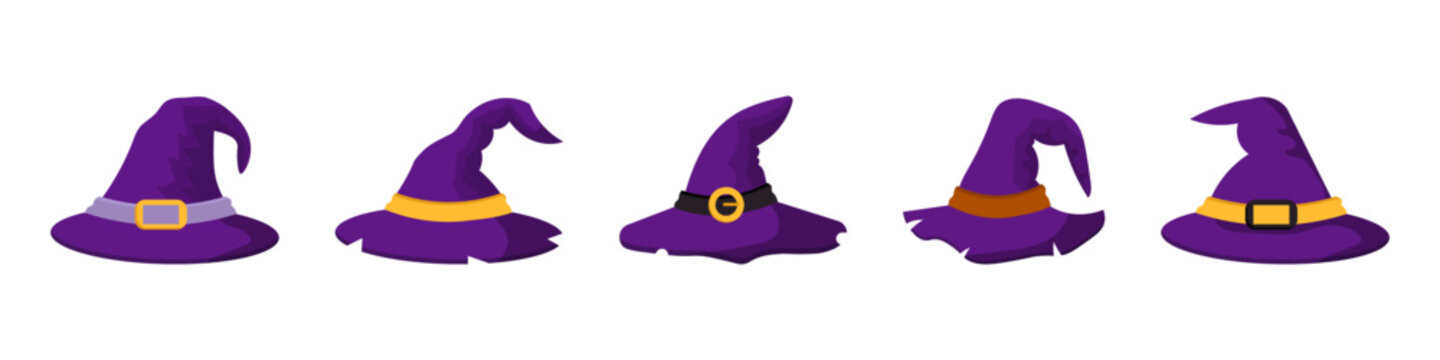 Purple Halloween witch hat collection featuring five magical pointed hats with decorative buckles and curved brims