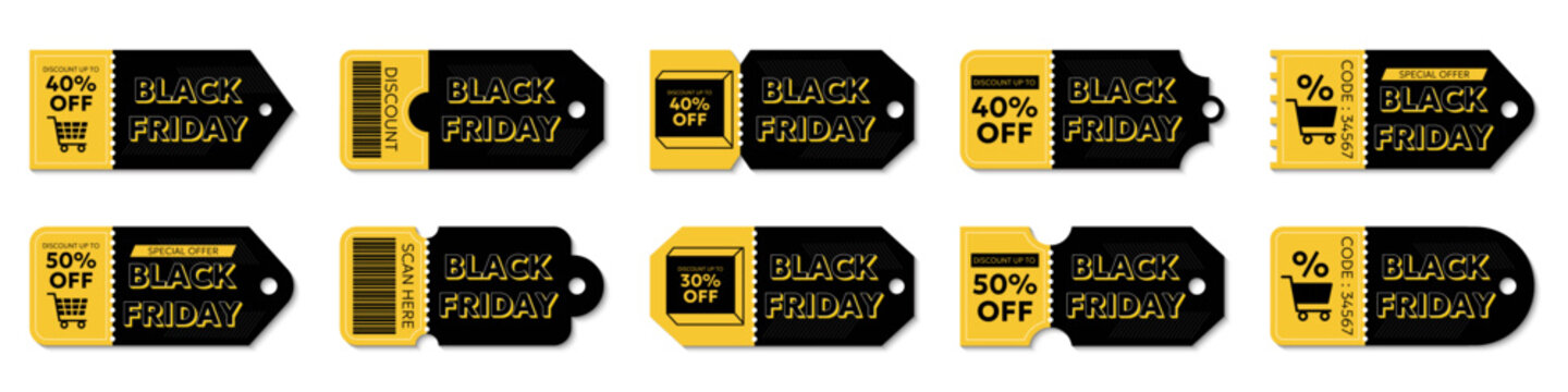 Black Friday discount tag collection with yellow and black shopping labels, percentage offers and barcode details