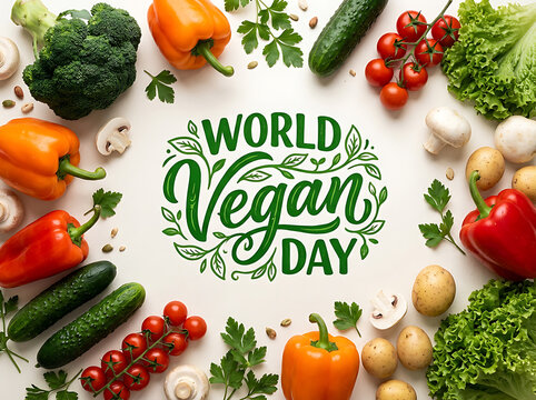 Illustrative composition featuring 'World Vegan Day' text in green