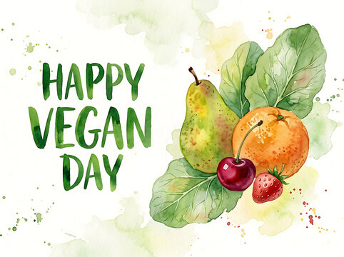 Watercolor illustration featuring 'Happy Vegan Day' text in green