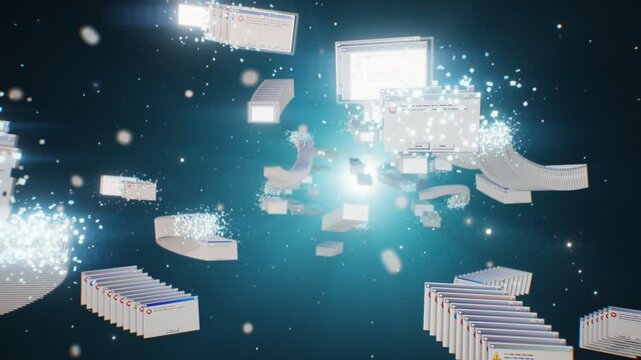 Cascade of Retro Error Windows 3D Flythrough Popup Dialogs Stacking and Dissolving Seamless Loop
