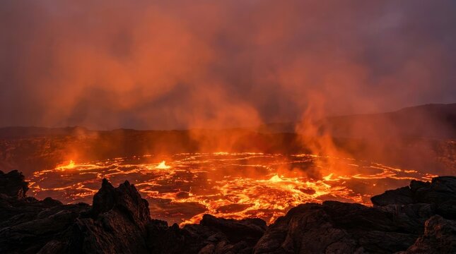 A vibrant, active lava lake glows intensely within a volcanic caldera. Molten rock flows and erupts, creating billowing plumes of steam and ash against a dusky, orange sky.