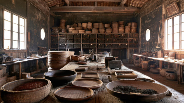 Traditional East Asian tea processing workshop with woven bamboo baskets and wooden furniture, authentic vintage tea factory interior, rustic wooden architecture background, ancient crafts background