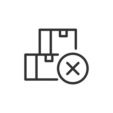 Packages with cross mark, linear icon. Out of stock item, unavailable goods and inventory shortage. Line with editable stroke.