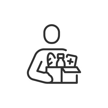 Person holding aid box, linear icon. Humanitarian assistance, donation package and emergency support supplies. Line with editable stroke.
