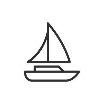 Sailboat with triangular sail, linear icon. Sailing, recreational boating and wind-powered water transportation. Line with editable stroke.